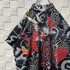 VINTAGE☆和柄アロハシャツ】総柄☆開襟☆レーヨン☆M ブラック赤 桜 