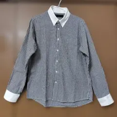 メンズ 長袖ワイシャツ、Lサイズ、PLUS ONE、チェック柄、黒✕白、中古品