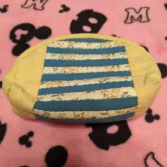ハンドメイド　イエローと青のストライプポーチ