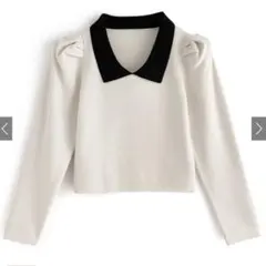 配色カラーパワーショルダーニットトップス　　dr598 アイボリー　グレイル