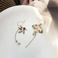 ピアス ゴールド 鶴 扇 パール 非対称 ハンギング #C572-2