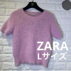 【ほぼ未使用】ZARA ビジュー付き ピンク半袖ニット Lサイズ