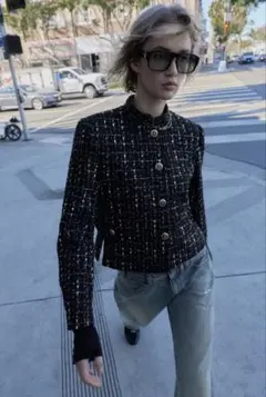 ZARA ツイード　メタリック糸入りノーカラージャケット