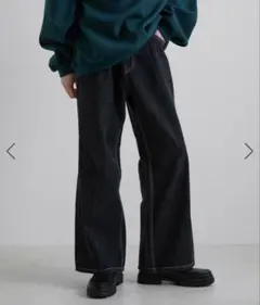 ヴィンテージデニムワイドフレアパンツ ブラック S