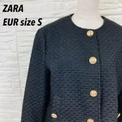 ZARA ザラ ショート テクスチャー ジャケット ツイード 金ボタン ブラックのサムネイル