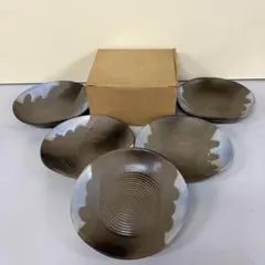 D-5 昭和レトロ 陶器製 小皿 取り皿 銘々皿 皿 5枚セット 菓子皿 灰釉