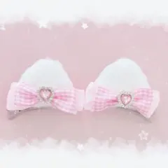 ♡もこふわ猫耳ヘアクリップ 白×ピンクリボン♡ 量産型 地雷系 推し活 ヘアメ