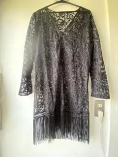 H&M●黒総レース前開きロングカーディガンM●フリンジ