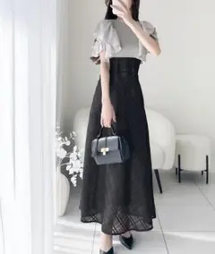Mily bilet ダブルフリル袖チェックレースドッキングワンピース　グレー