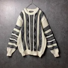 ヴィンテージ　ニット　セーター　モノクロ　総柄　テロ感　古着　レトロ