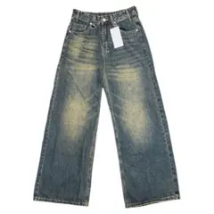 新品 インディゴブルー ワイドストレートデニムパンツ ヴィンテージライク