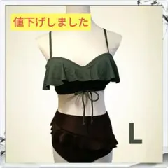 【新品・シシベラ】Lサイズ水着 ビキニ 3点セットカーキ×茶 オーバーパンツ付のサムネイル