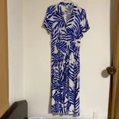 H&M リーフ柄 半袖ロングリゾートワンピース ブルー S Mサイズ