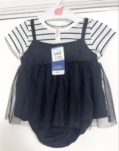 【新品タグ付き 】おまけ付チュールロンパース 70 半袖 ボーダー ワンピース