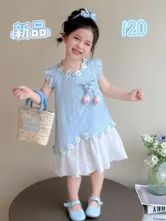 ✰1点のみ✰キッズ ワンピース ノースリーブ 立体花付き 花柄 水色 120