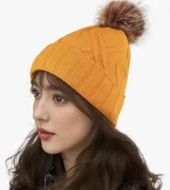 新品❣️OZERO ニット帽子レディースオレンジフリーサイズ ファーポンポン付