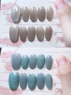 Mサイズ猫目×ラメネイルチップ大人可愛いグレージュ＆ブルーット