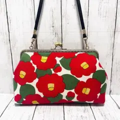 椿柄　がま口バッグ 合皮ショルダー紐付き ハンドメイド