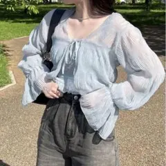 Mystic mline シアー楊柳SETブラウス　ブルー 訳あり