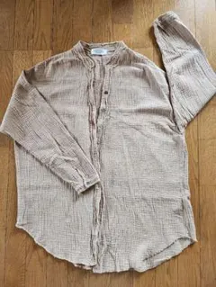 シャツ バンドカラー 長袖 ベージュ Fサイズ 綿100%