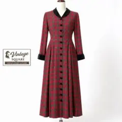 一点物 タータンチェック ロングワンピ ベロア切替 ガウン