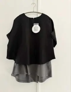 【MONiLE】モニーレ　麻レーヨンシルケット天竺コンビブラウス　ブラック