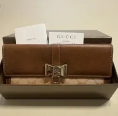 GUCCI 長財布 ブラウン レザー キャンバス