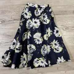 Mystrada フラワープリント フレアロングスカート ネイビー ジャガード