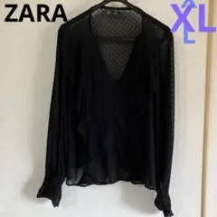 ZARA 長袖ドットフリル　シースルーブラウス　黒　XL