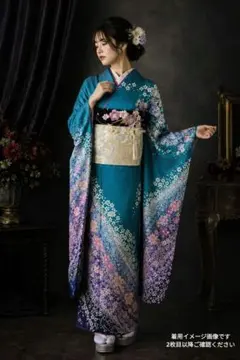 【極美品】正絹 辻ヶ花振袖7点フルセット ターコイズブルー 身丈167 裄66のサムネイル