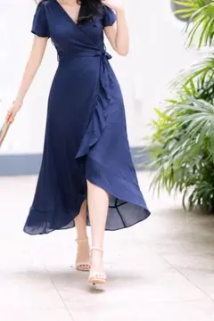 【着画あり】ネイビー ラップドレス 半袖 フリル裾 ロングワンピース