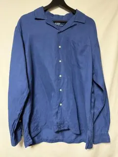 90s ラルフローレン オープンカラー 開襟 長袖シャツ リネン シルク ブルー