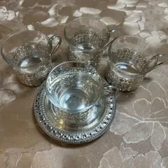 Showa Retro Antique Glass Cup and Metal Saucer Set