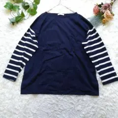 【ショコラフィネ】【F】ネイビー　トップス　長袖　袖ボーダー柄　カジュアル