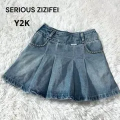 Y2K デニム ミニスカート タック フレア スタッズ インナーパンツ付き