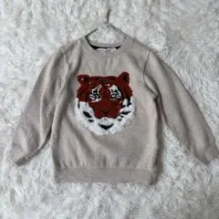H&M　トラ刺繍スパンコール裏起毛トレーナー　110/116　ベージュ◆A903