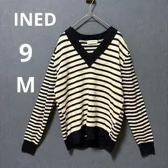 INED イネド 9号 M 洗える カシミヤ混 Vネック ボーダー ニット