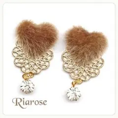 No.88 ふわふわブラウンハートキラキラストーン ピアスorイヤリング