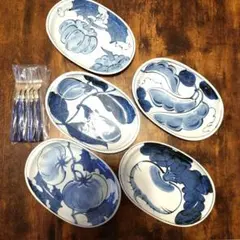 四季夢彩　陶器　野菜絵皿５枚セット　波佐見焼　楕円形　フォーク5本付き