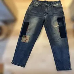パッチワークダメージジーンズ ダークブルー