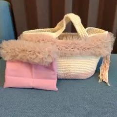 ハンドメイド☆マルシェバッグ☆フリフリ☆コットンヤーン☆ポーチ付き☆ズパゲッティ