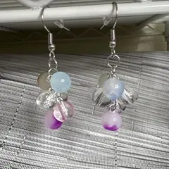 ビーズフラワーピアス 青紫金具アレルギー対応