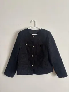 ノーカラージャケット 黒 ラメ入り 金ボタン