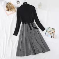 ロングワンピース ヘリンボーン柄 ニットワンピース ワンピース 秋冬 ハイネック