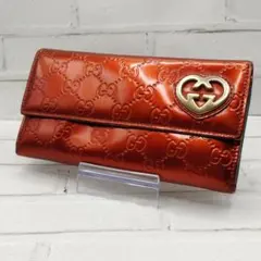 グッチ 長財布 ラブリーライン シマエナメル ハート金具 GG オレンジ 訳あり
