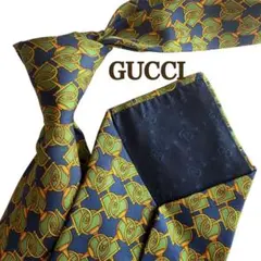 美品GUCCI グッチ　シルク ネクタイ ネイビー　紺　緑　多色パターン