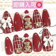 ネイルチップ現品オーダー量産型フレンチガーリー韓国チェックくまスナ系ワンホン白赤