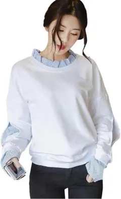 カットソー トレーナー スリット スウェット 重ね着風 レイヤードスウェット