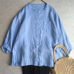 MACPHEE マカフィー リネン100% ストライプ バンドカラー シャツ
