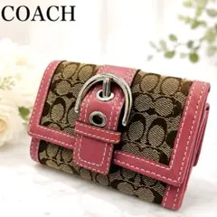 美品 COACH シグネチャー 三つ折り財布 レザー　ピンクのサムネイル